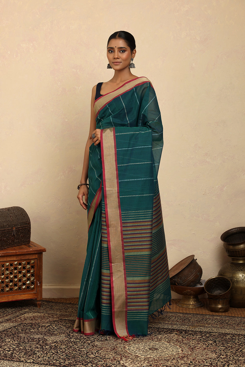 Handloom Sea Green Stripes Kanchi Cotton Saree