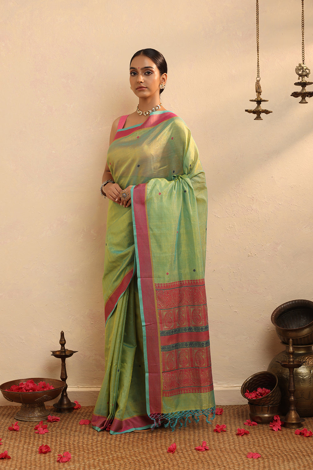 Handloom Green Cotton Silk Kanchi Saree