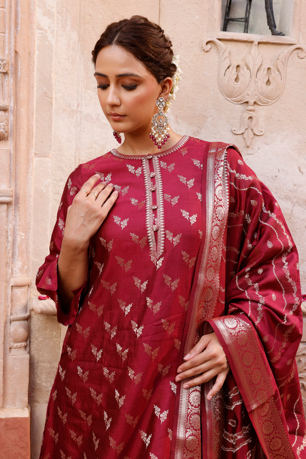 Wine Pure Silk Banarasi Kurta Set With Dupatta