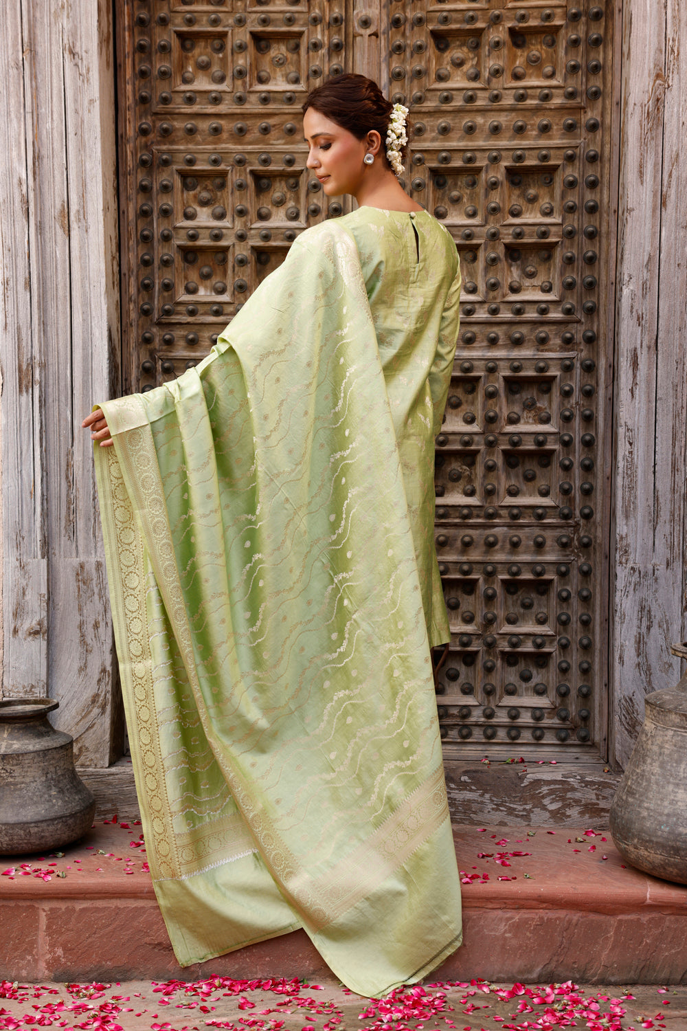 Pista Green Pure Silk Banarasi Kurta Set With Dupatta