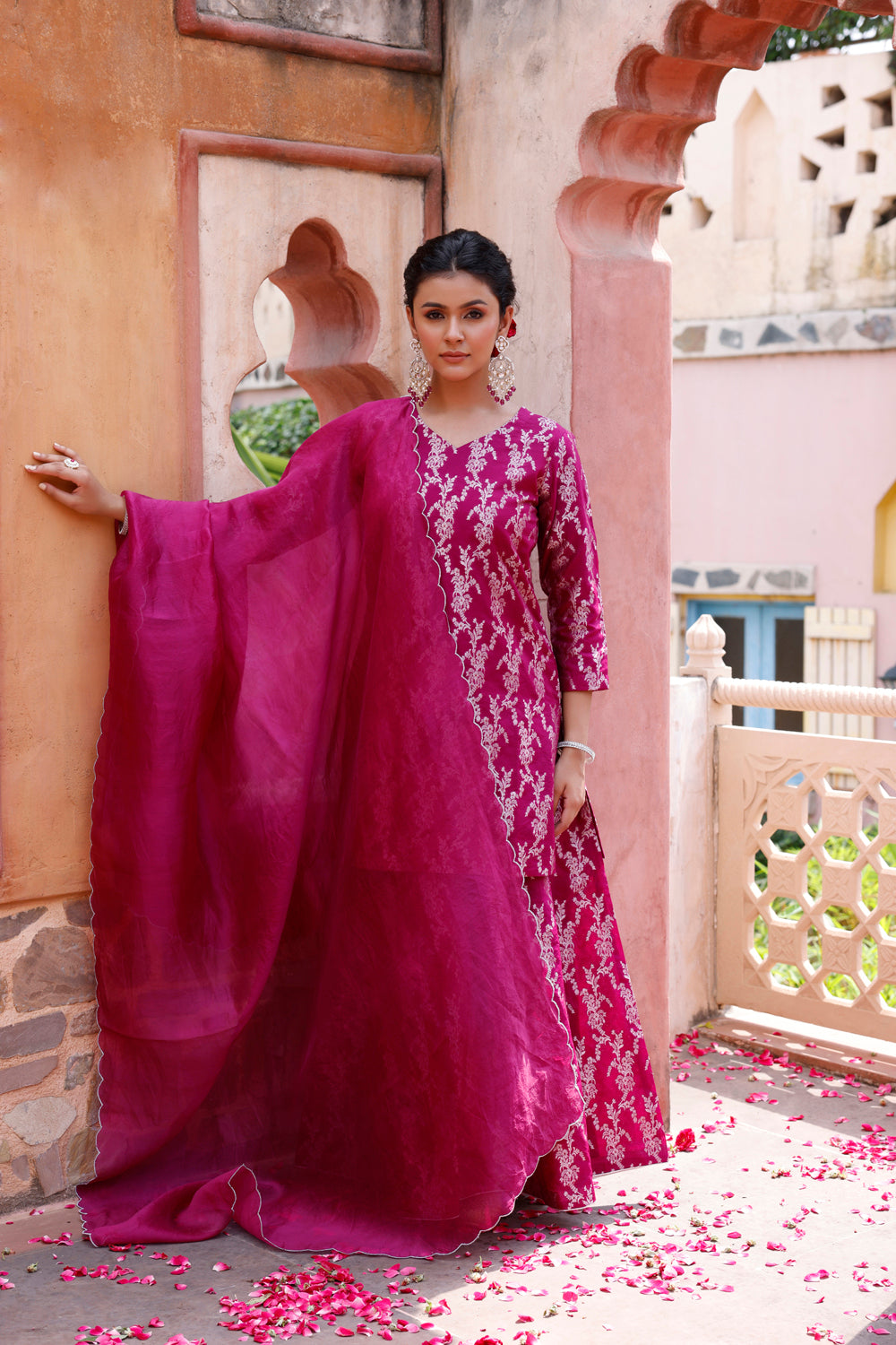 Purple Pure Silk Banarasi Kurta Set With Dupatta