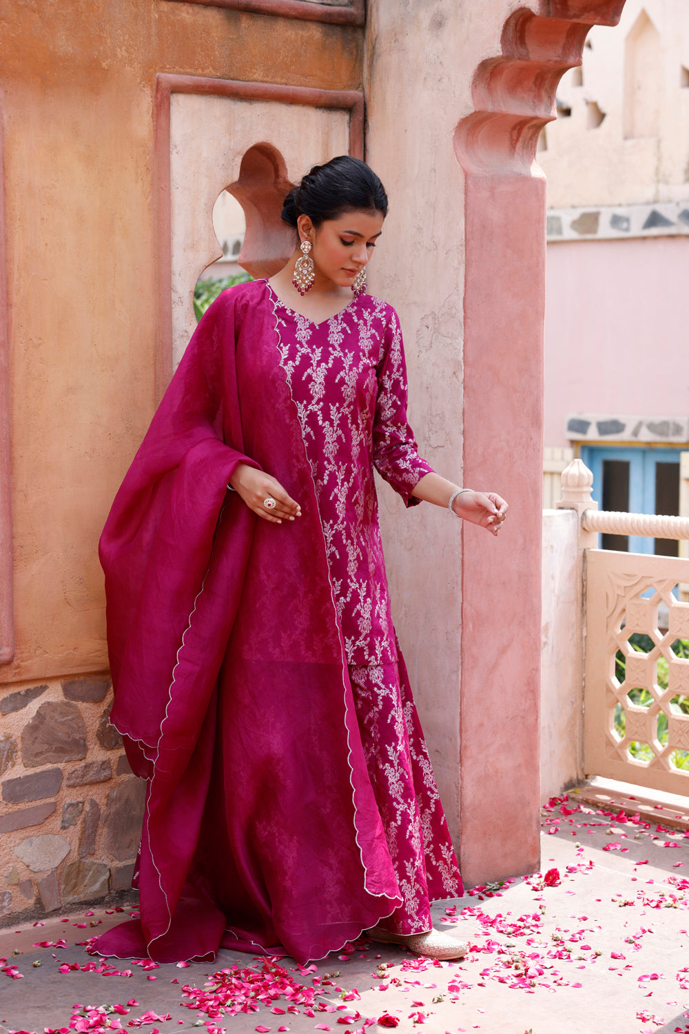 Purple Pure Silk Banarasi Kurta Set With Dupatta