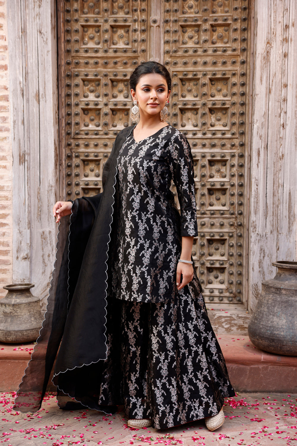 Black Pure Silk Banarasi Kurta Set With Dupatta