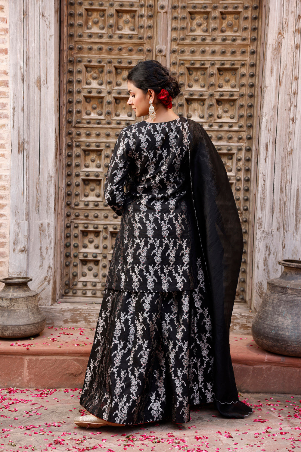 Black Pure Silk Banarasi Kurta Set With Dupatta