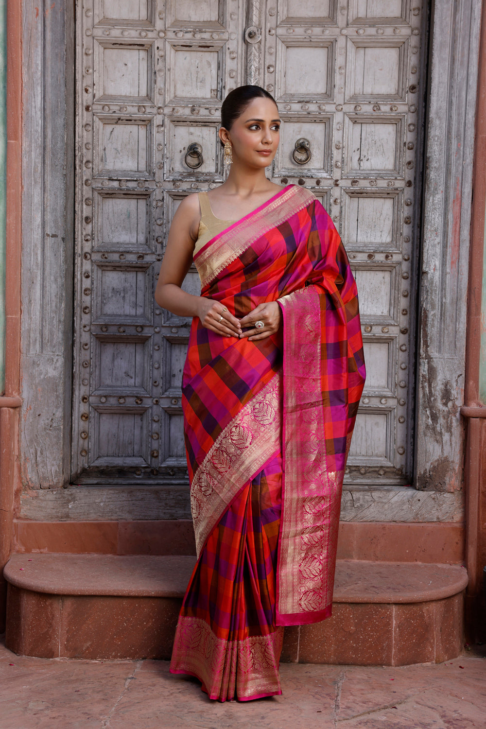 Handloom Pink Multi Colour Box Checks Pure Silk Banarasi Saree
