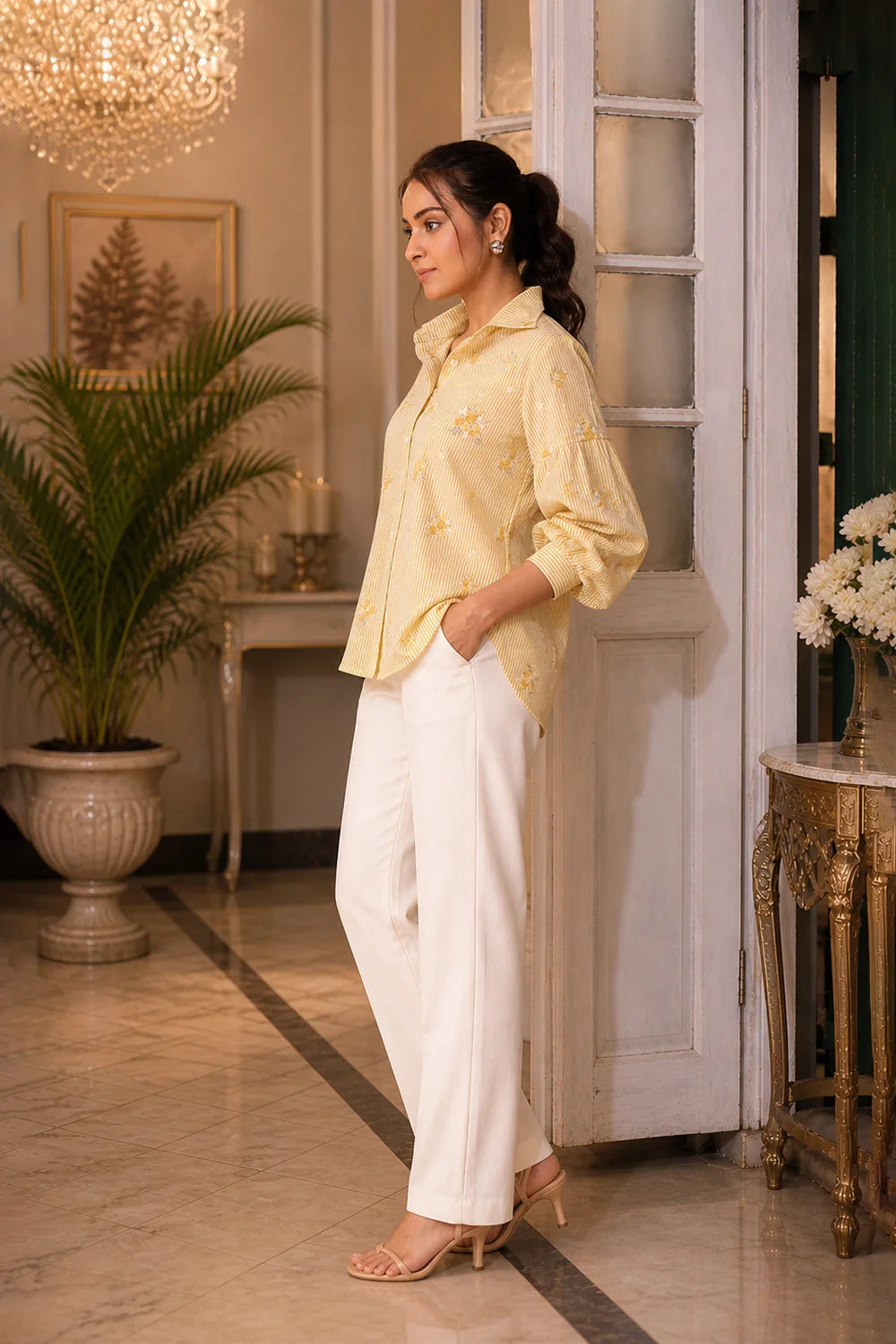 Pastel Yellow Pure Cotton Embriodered Shirt