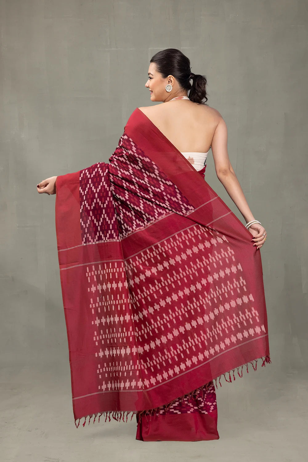 Handloom Ruby Red Ikkat Cotton Silk Saree
