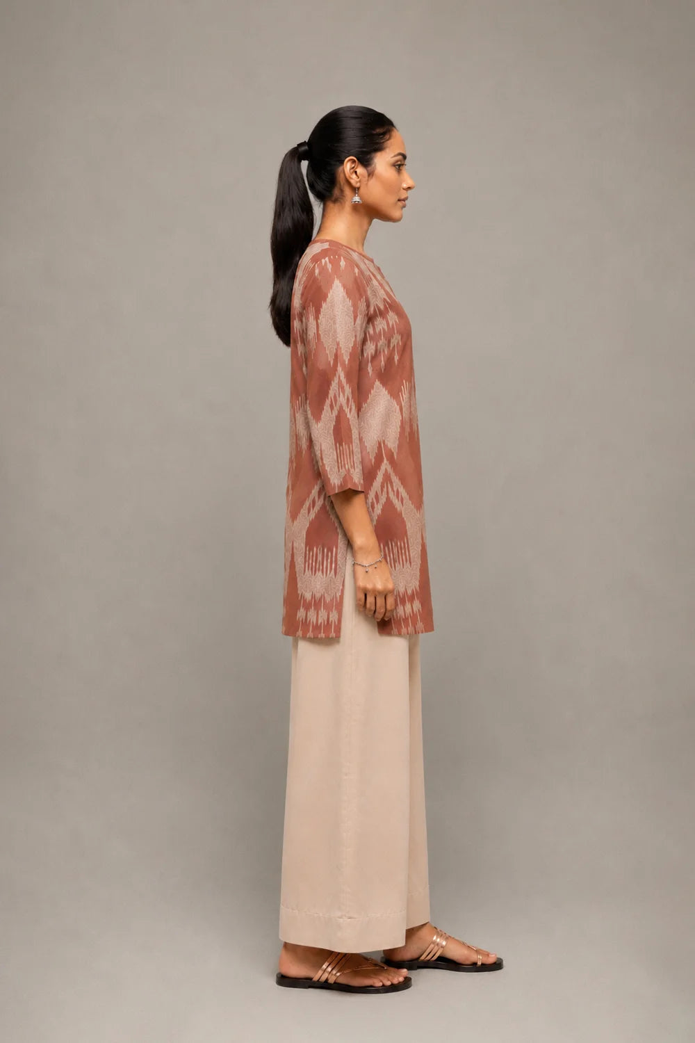 Handloom Brown Abstract Ikkat Short Kurta