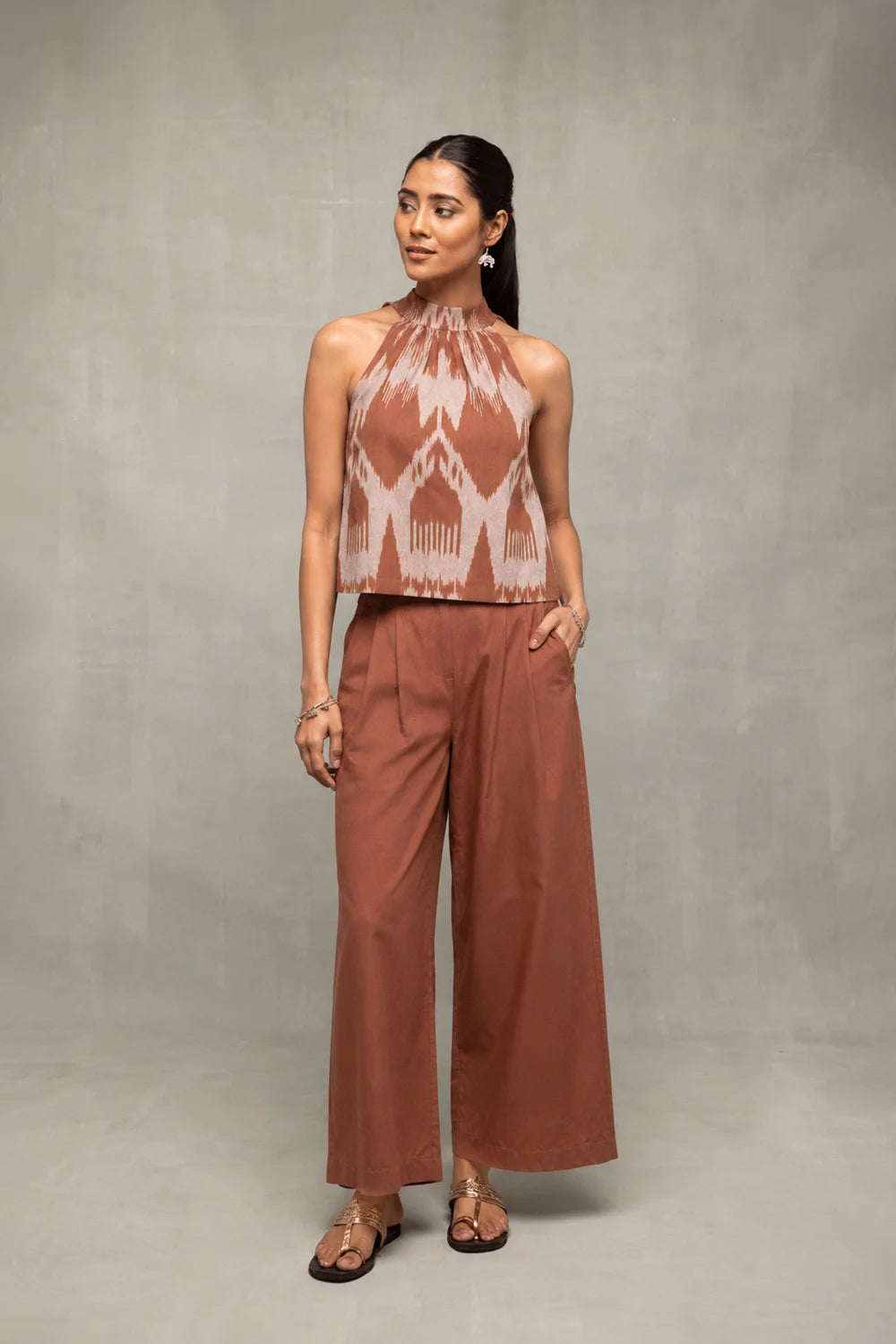 Handloom Brown Abstract Ikkat Halter Top