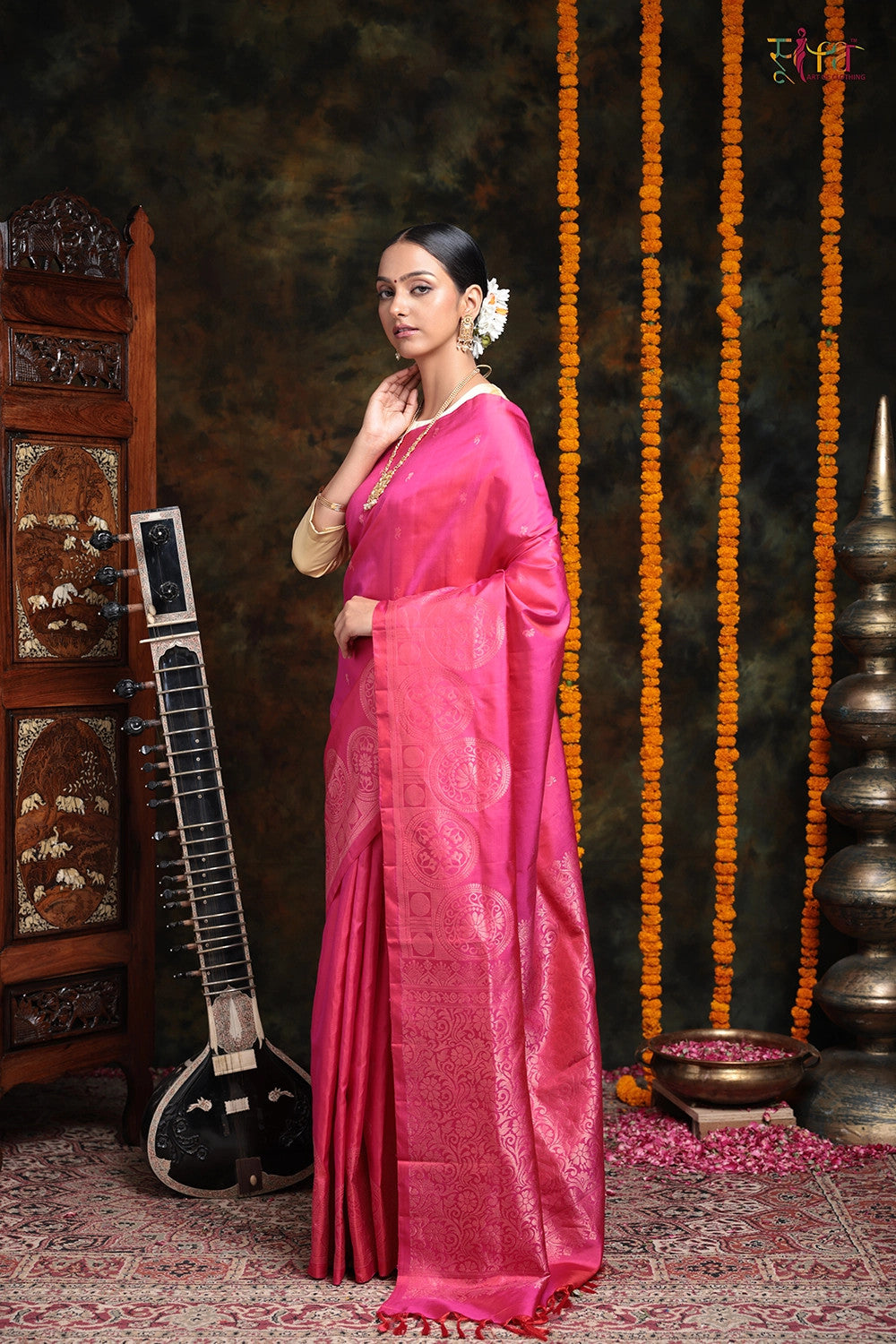 Handloom Hot Pink Pure Silk Saree With Gold Zari