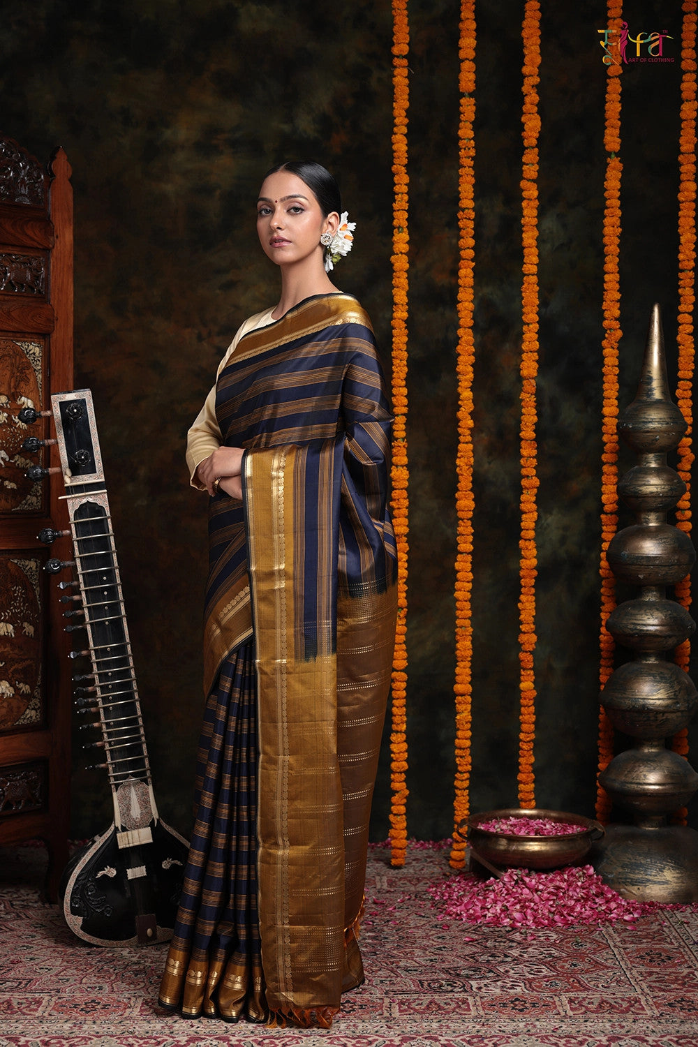 Handloom Ochre Mustard And Navy Blue Pure Silk Saree