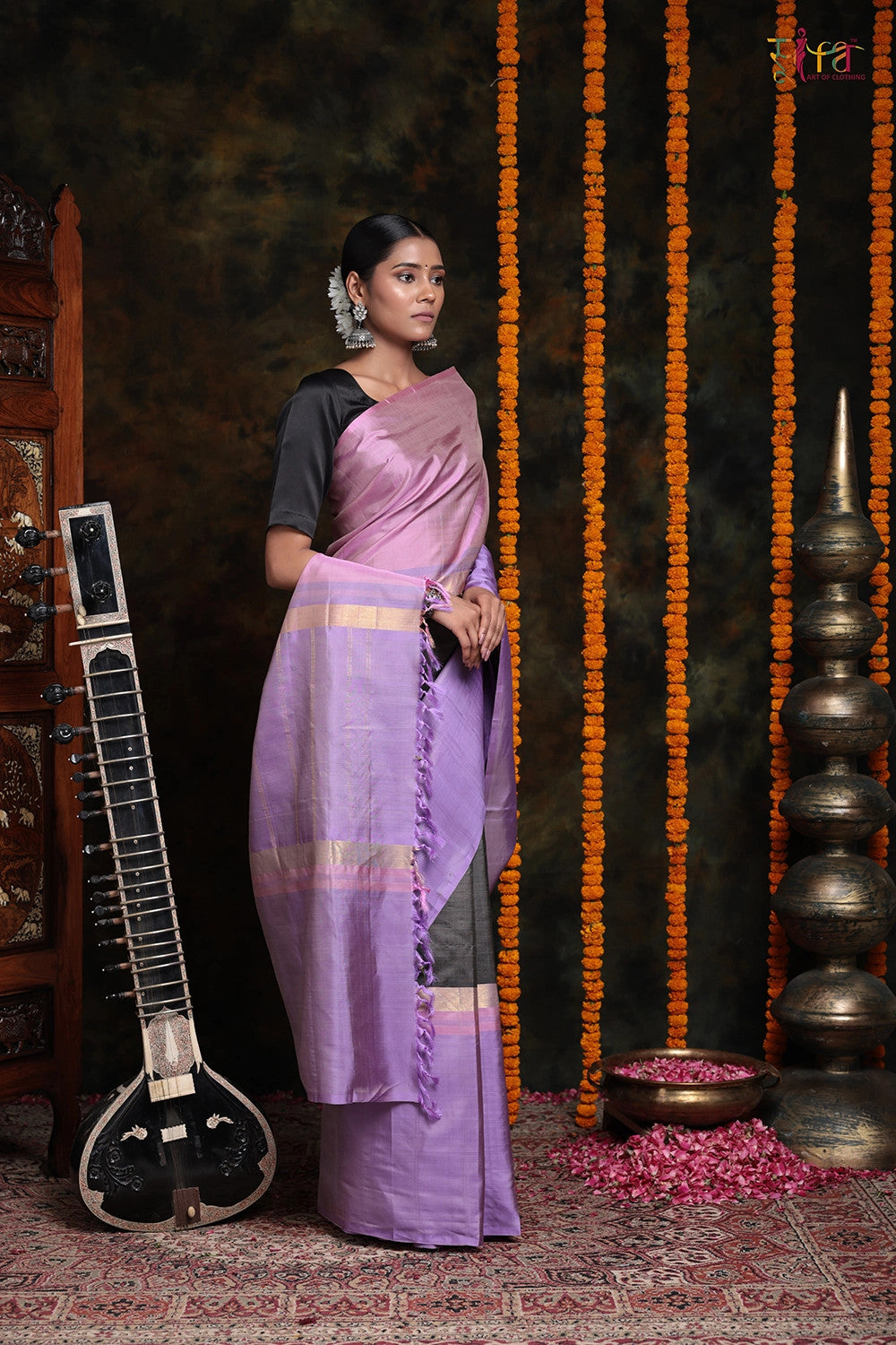 Rose Pink & Lavender Handloom Pure Silk Kanchi contemporary Saree