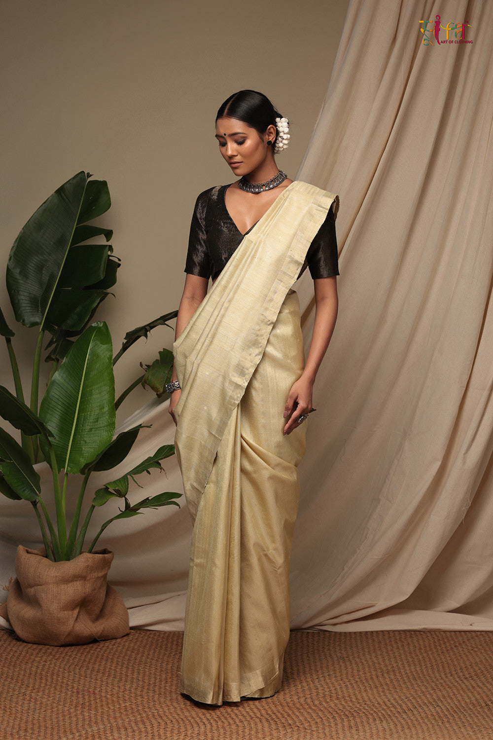 Buy Ivory-White Silk Saree with Gold Zari Weave Online