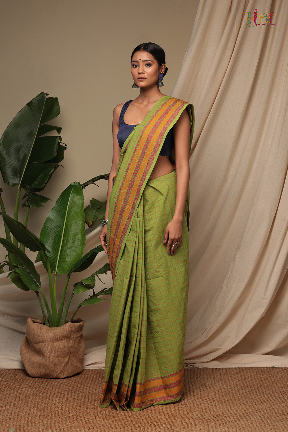 Handloom Parrot Green Pure Cotton Kanchi Saree With Generous Border