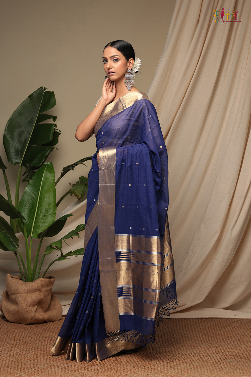 Handloom Berry Blue Pure Cotton Kanchi  Contemporary Saree With Golden Zari Motifs & Border