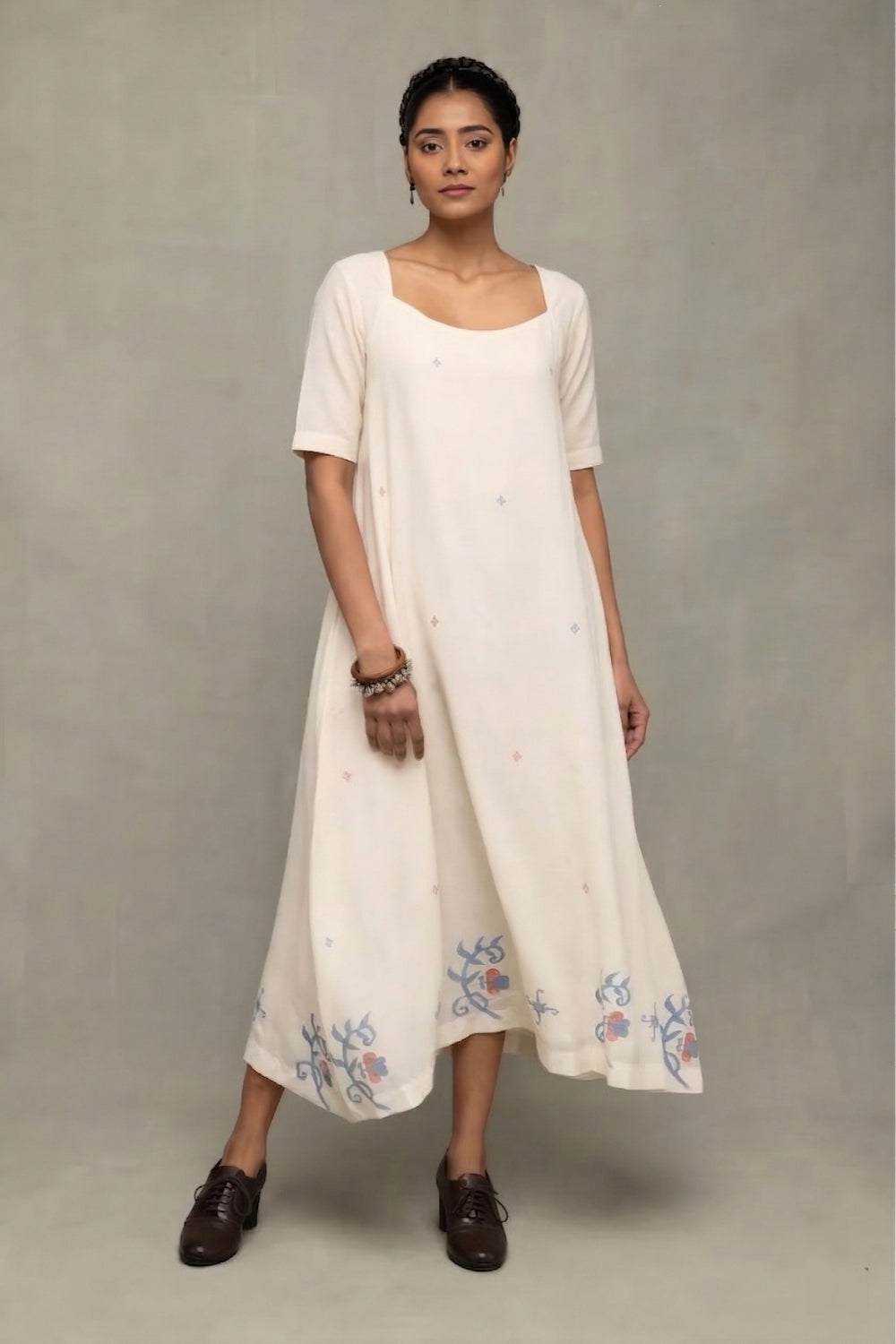 Cream Bela Buta Pure Cotton Jamdani Dress