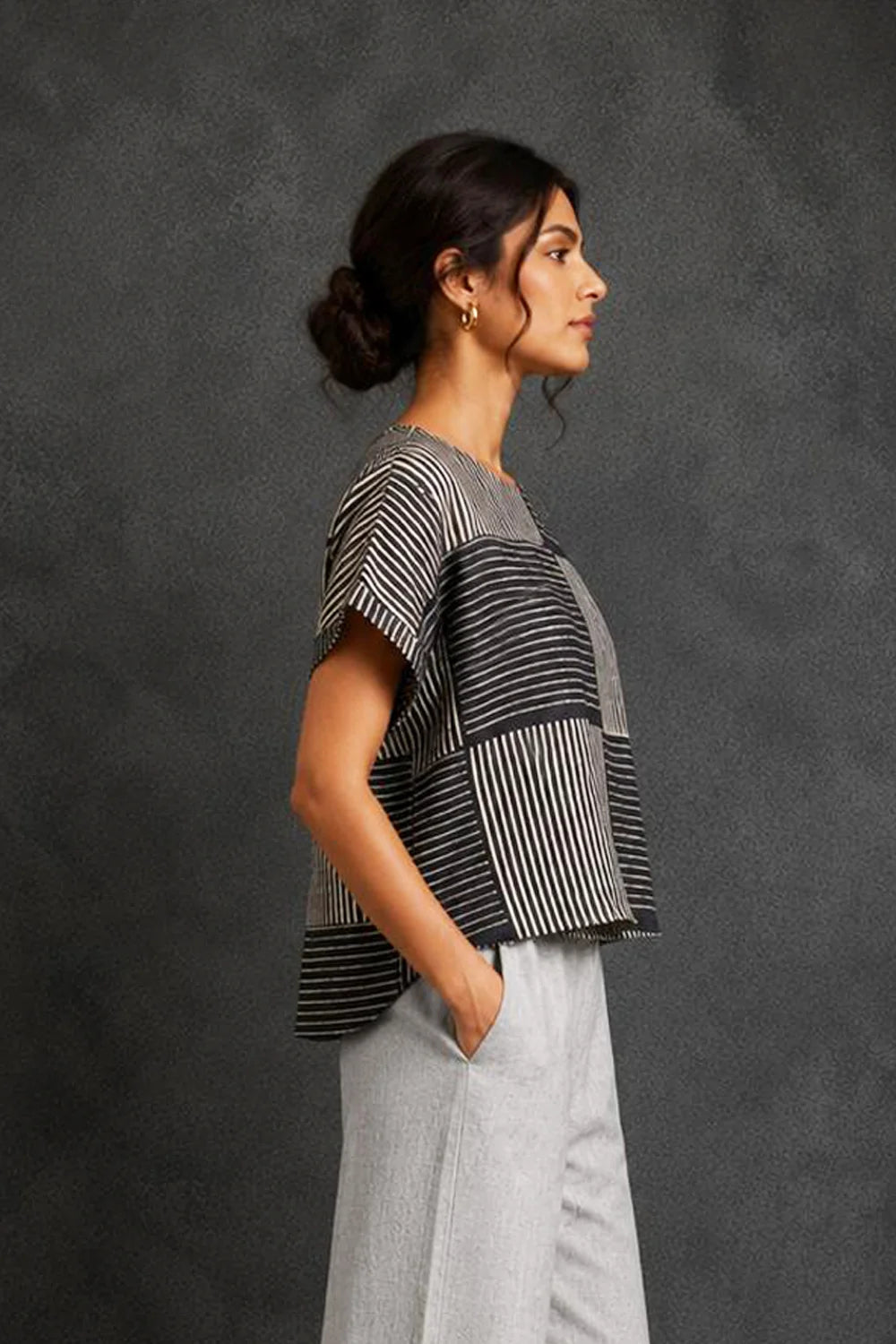 Grey Box Checks Hand Block Print Top