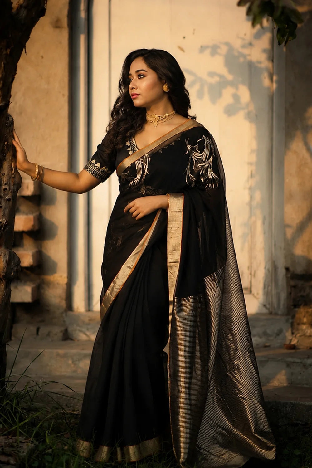 Handloom Black Chanderi Pure Silk Saree With Gold Zari Motifs