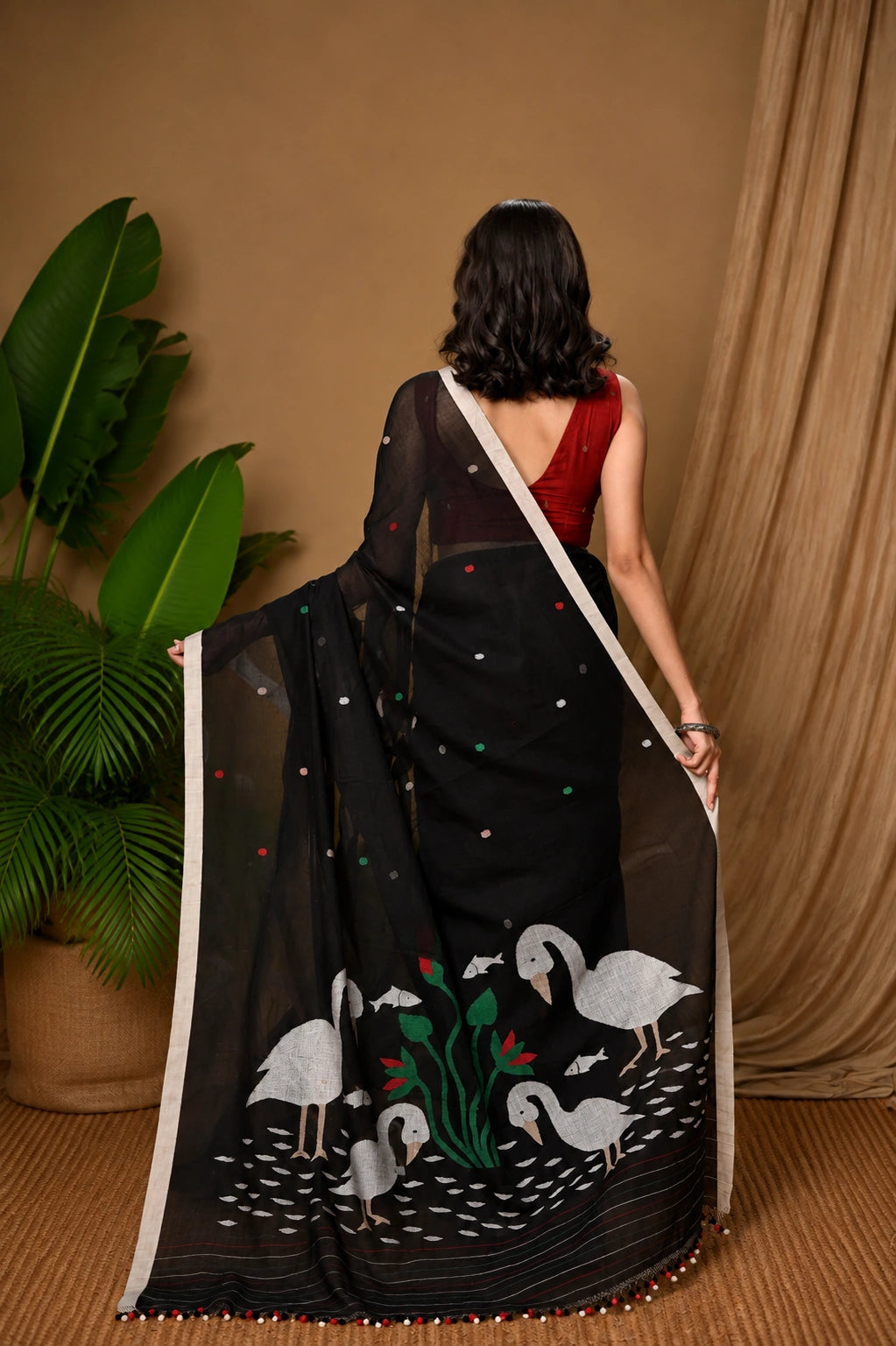 Handloom Black Soft Cotton Jamdani Saree with Woven Bird Motifs