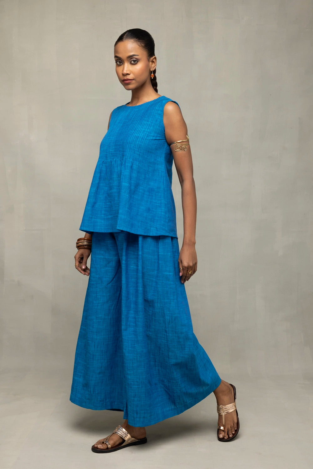 Azure Blue Textured Co-Ord Set with Sleeveless Top & Wide-Leg Pants