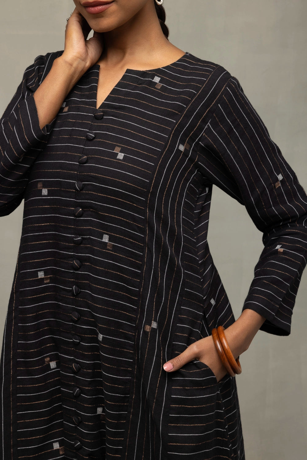 Black Jamdani Co-Ord Set with Metallic Bronze & Silver Motifs