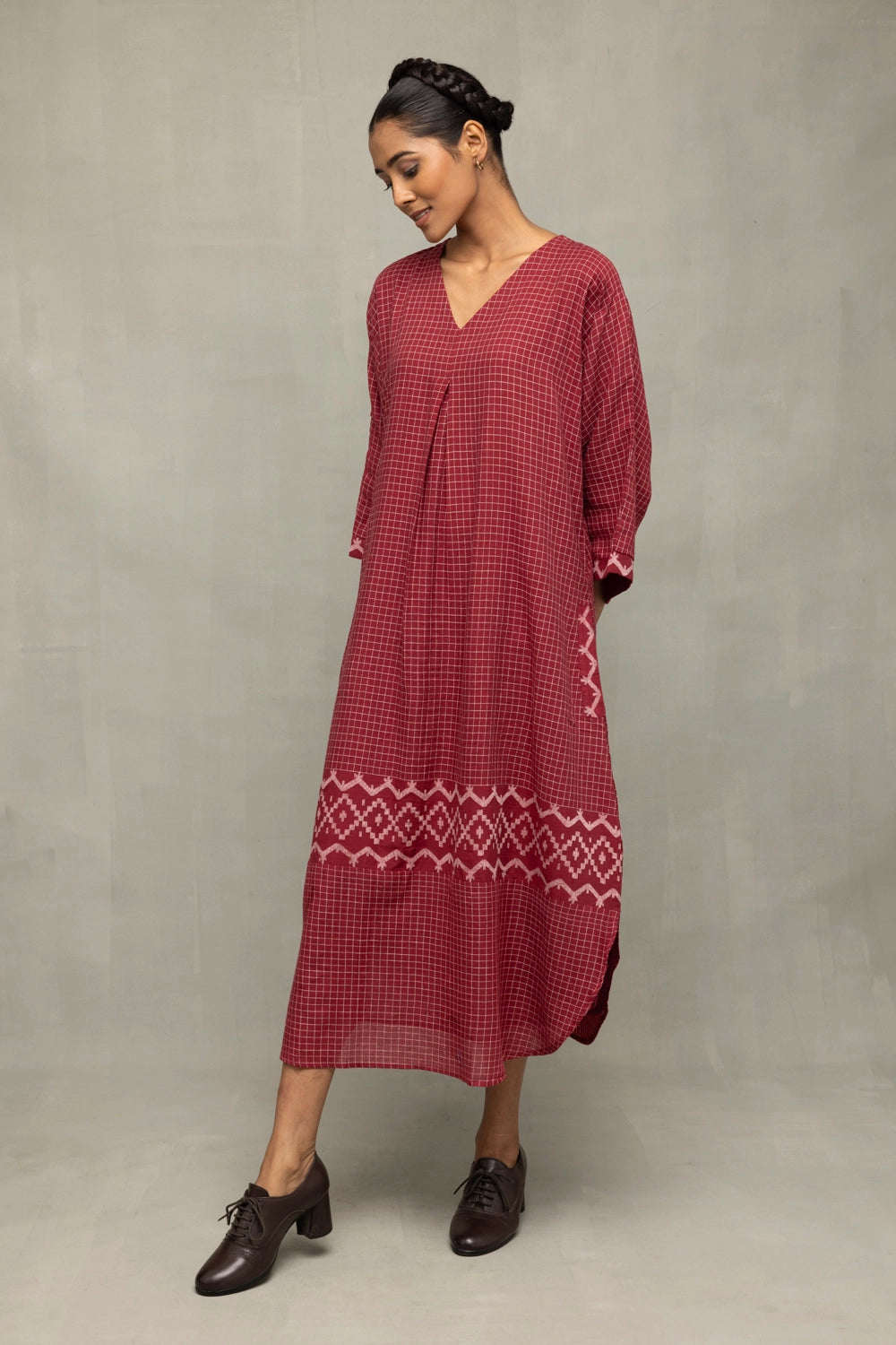 Crimson Checkered Jamdani Kaftan Dress