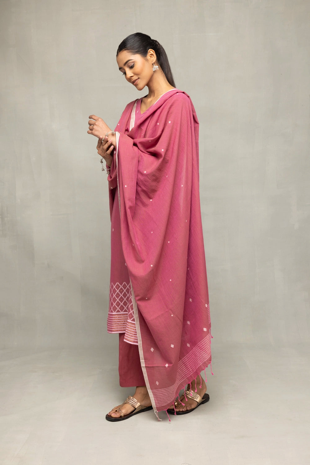Dusty Rose Cross Motifs Jamdani Kurta Set With Dupatta