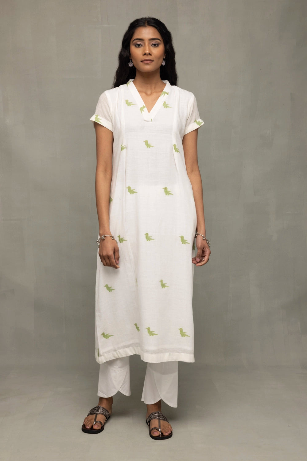 Ivory & Sage Green Bird Motif Jamdani Kurta Set with Dupatta