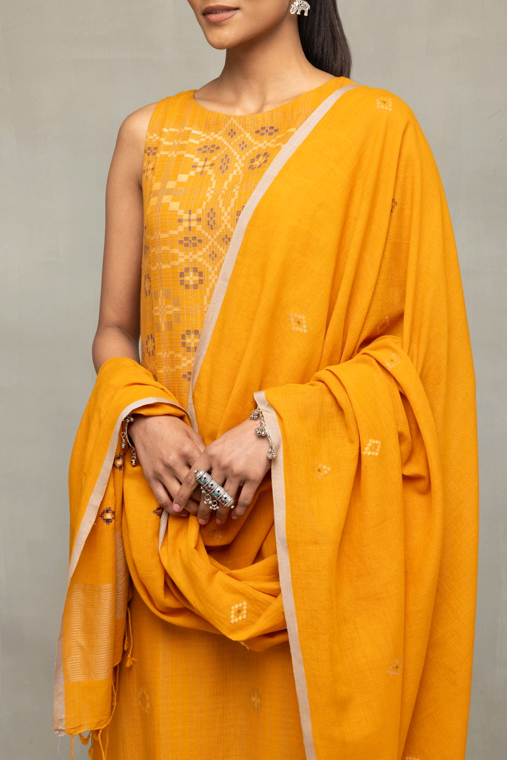 Mustard & Moonlight Jamdani Kurta Set with Dupatta