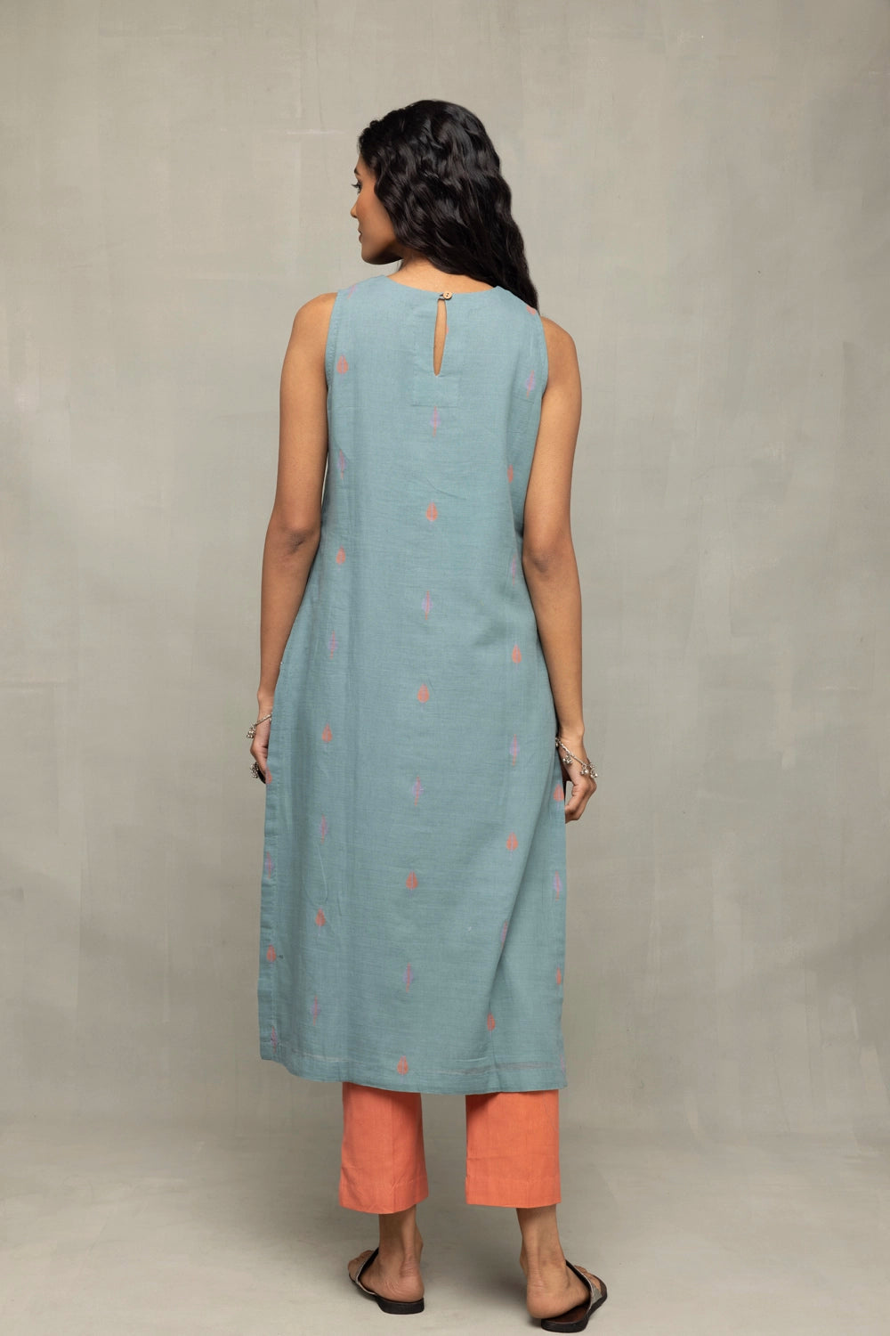 Zen Blue Straight Fit Jamdani Kurta Set with Tangerine Leaf Motif Dupatta