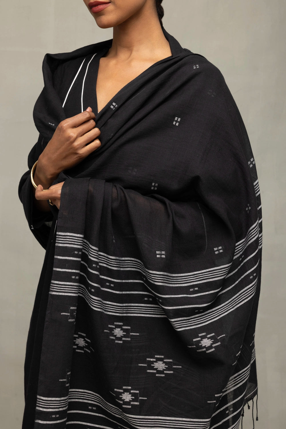 Black Bengal Cotton Kurta Set With Jamdani Dupatta