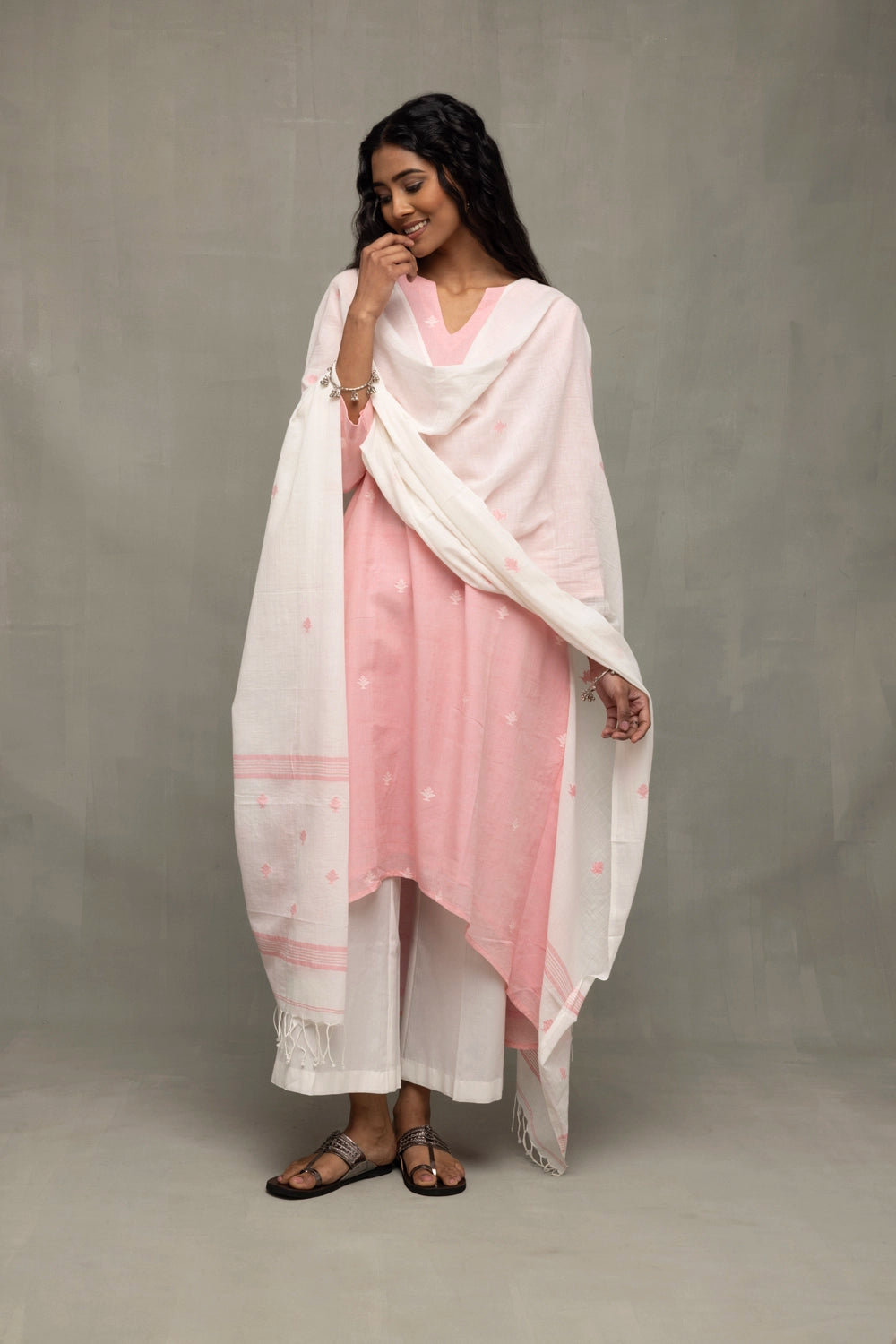 Petal Pink Handwoven Jamdani Kurta Set with Dupatta