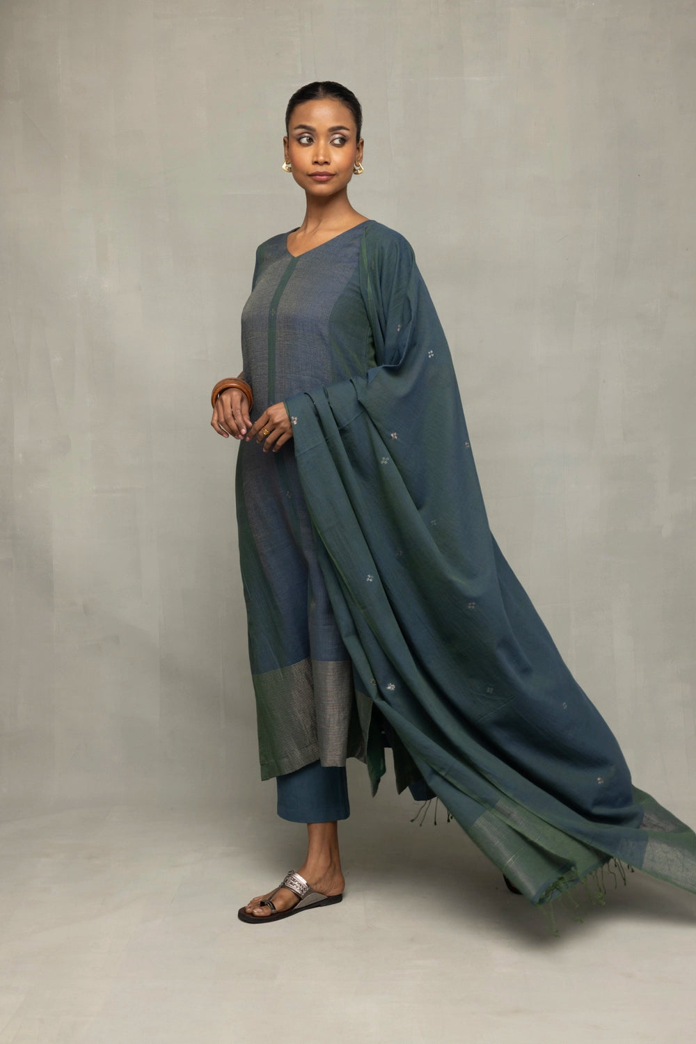 Teal Green Jamdani Kurta Set with Silver Zari Border and Dupatta