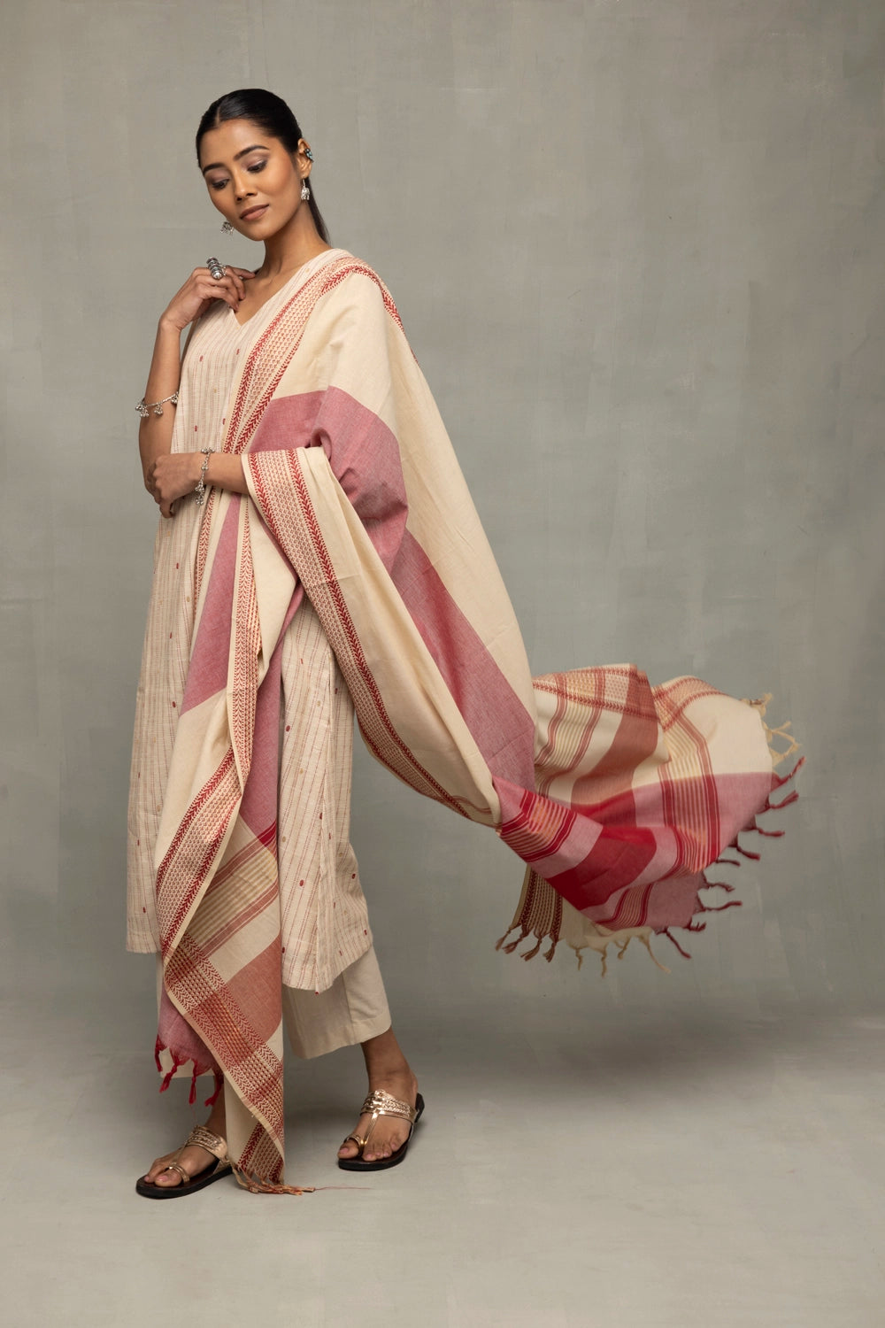 Cream and Pink South Cotton Zari  Kurta Set With Dupatta