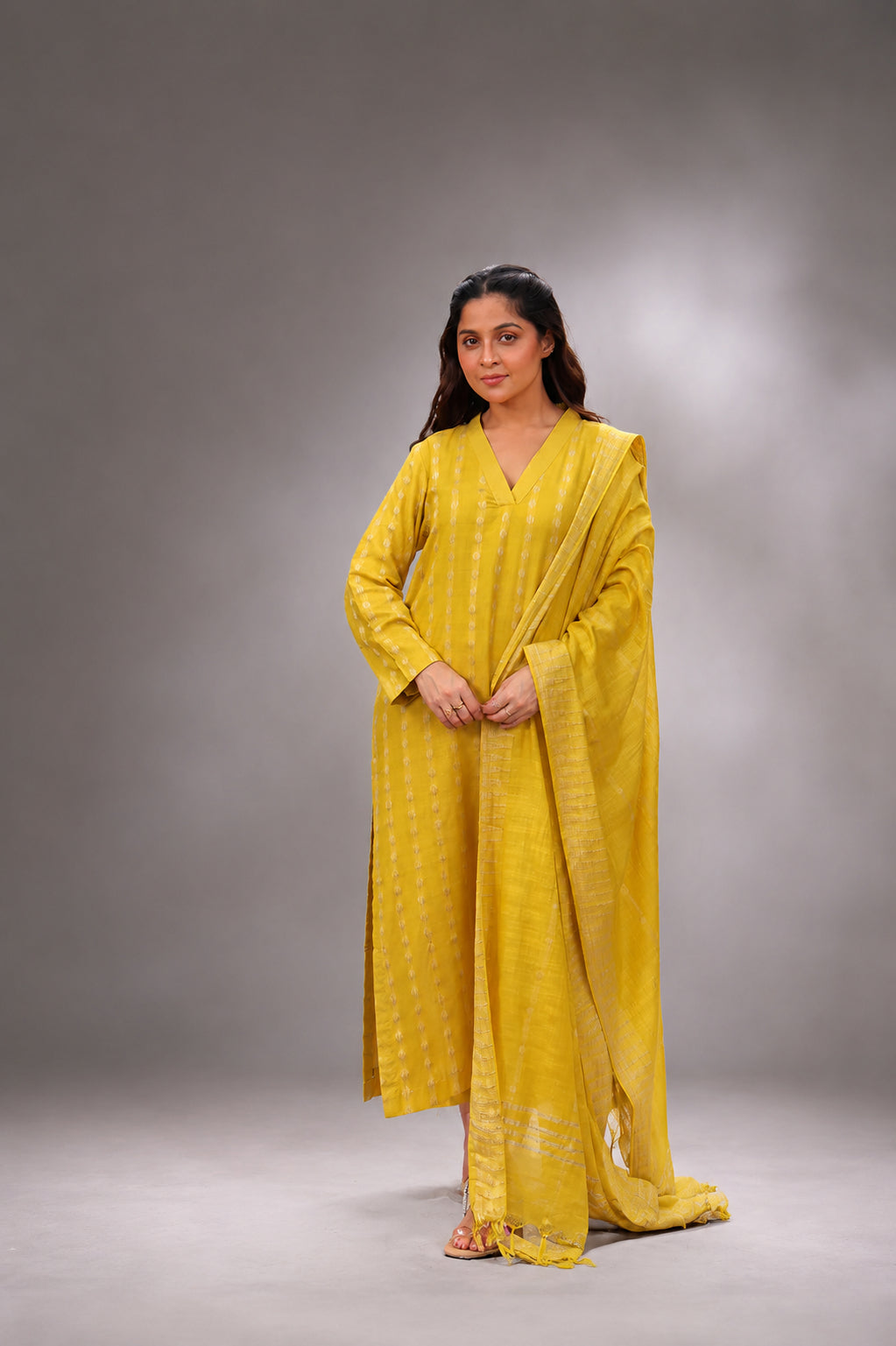 Lemon Yellow Soft Cotton Silk Woven Kurta Set With Dupatta