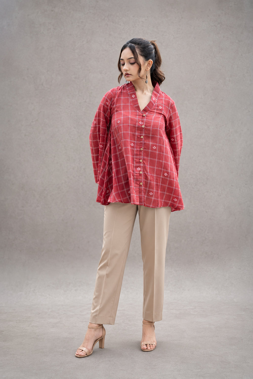Red Check Handwoven Pure Cotton Jamdani Top
