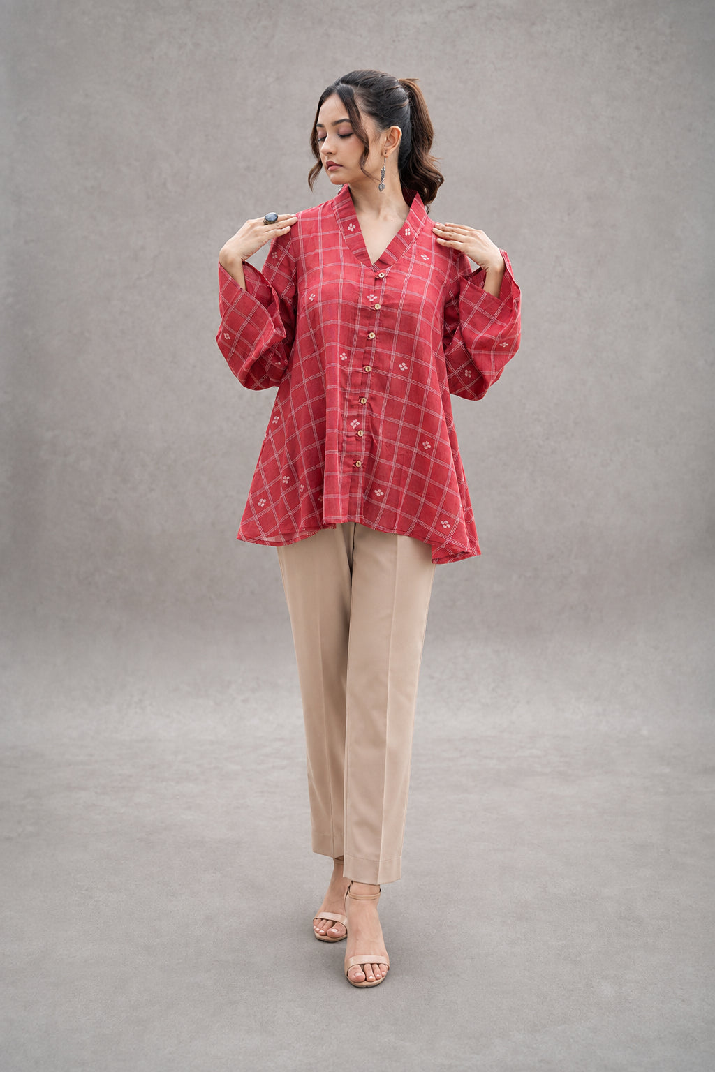 Red Check Handwoven Pure Cotton Jamdani Top