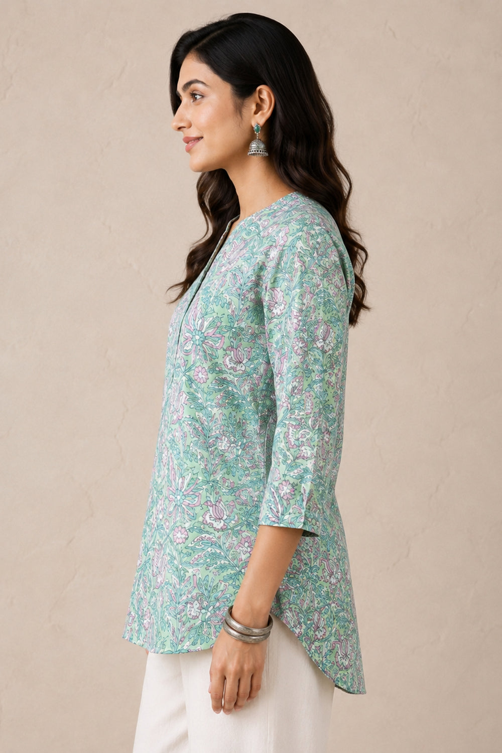 Mint Green Botanical Hand Block Printed Pure Cotton Top