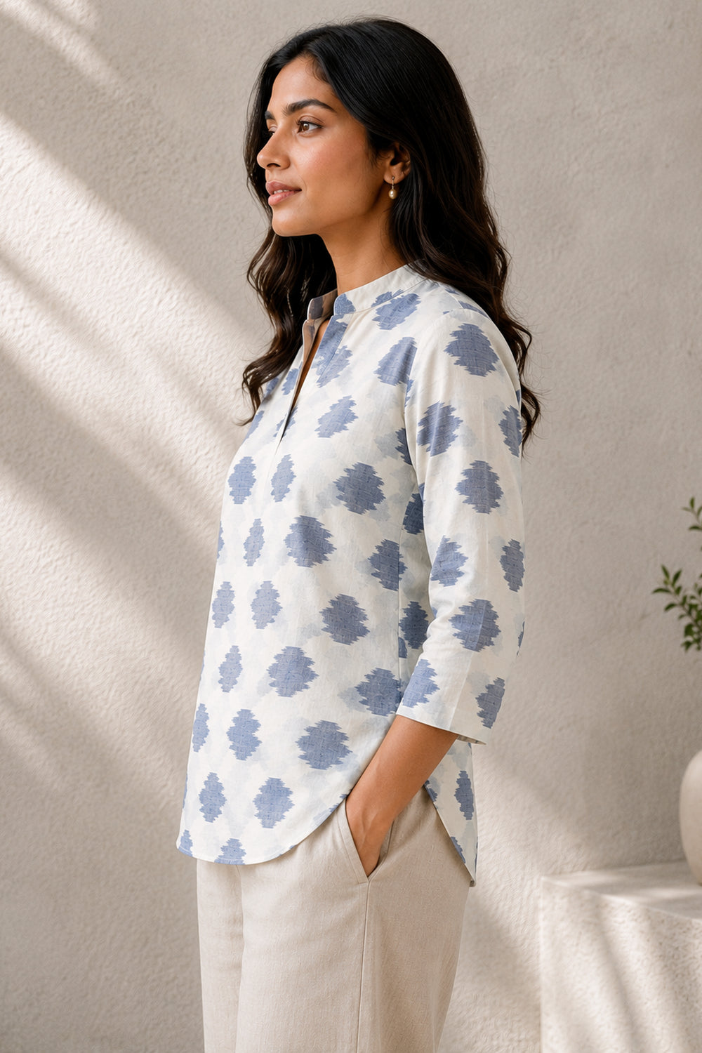 White & Powder Blue Ikat Handwoven Cotton Top