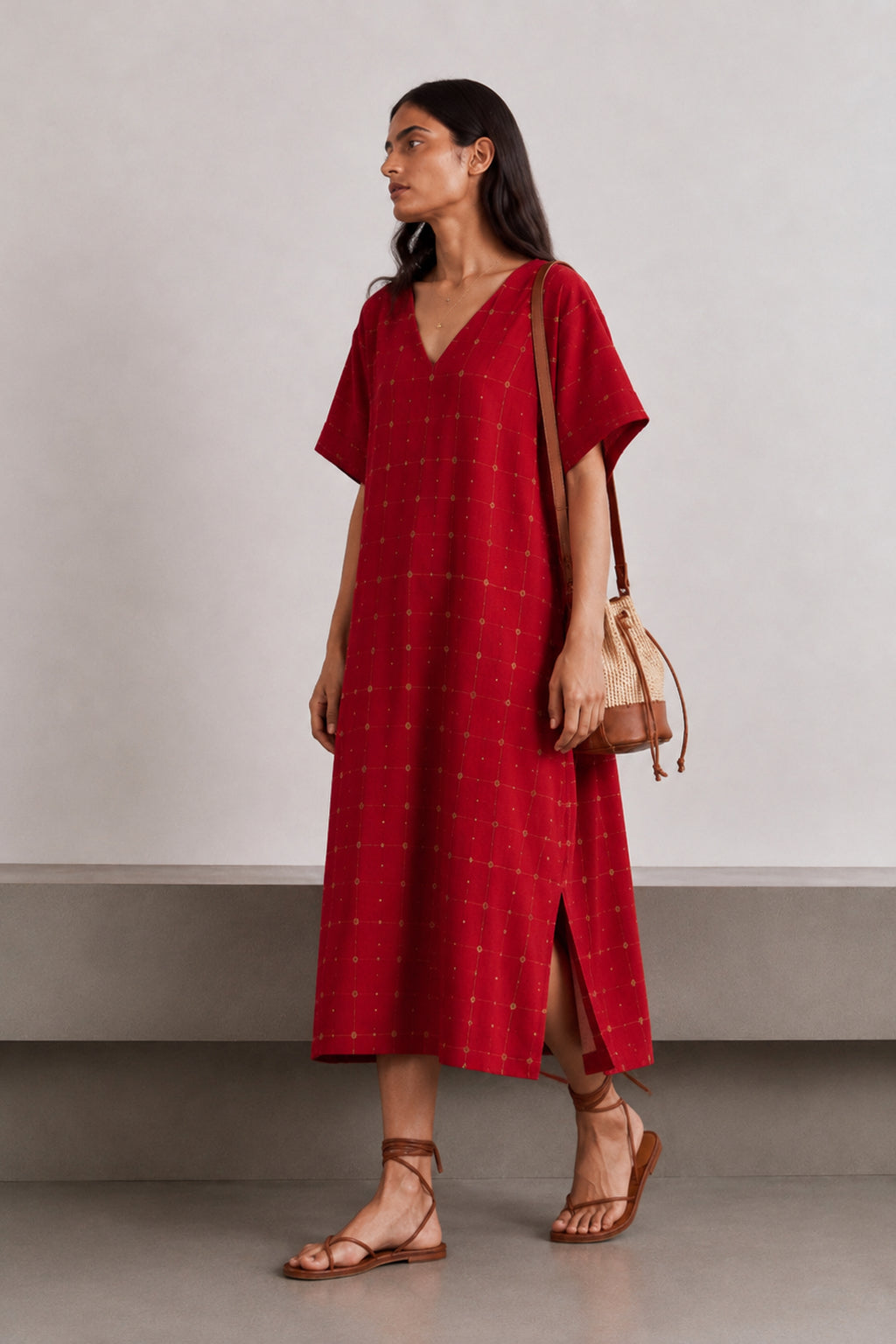 Crimson Red Check Pure Cotton Jamdani Dress