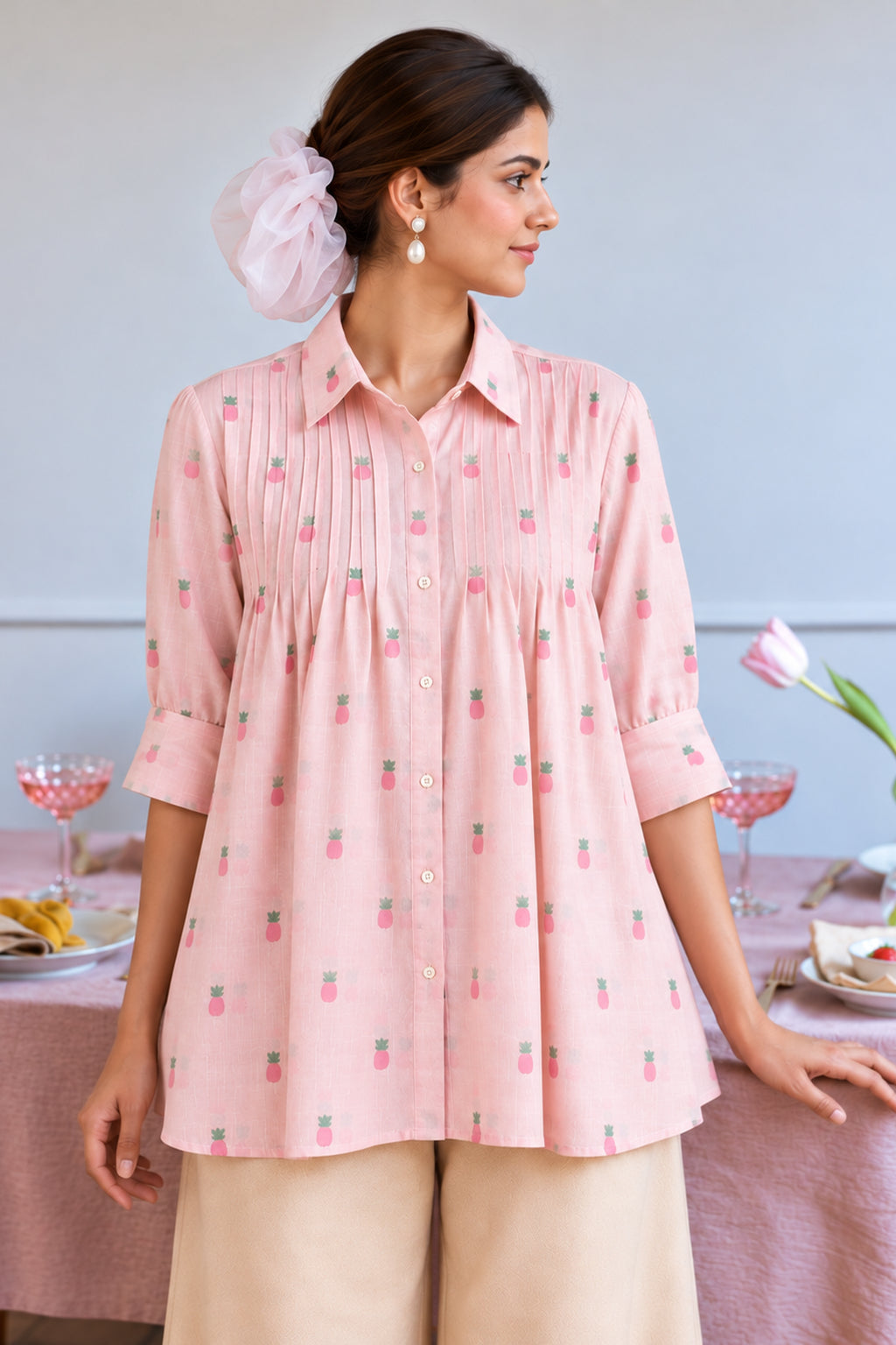 Pink Pineapple Motif Pure Cotton Jamdani Top