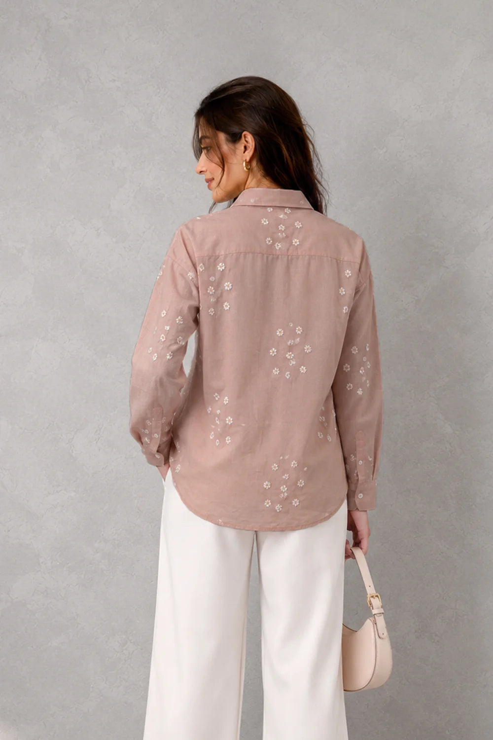 Beige Pure Cotton Embriodered Shirt