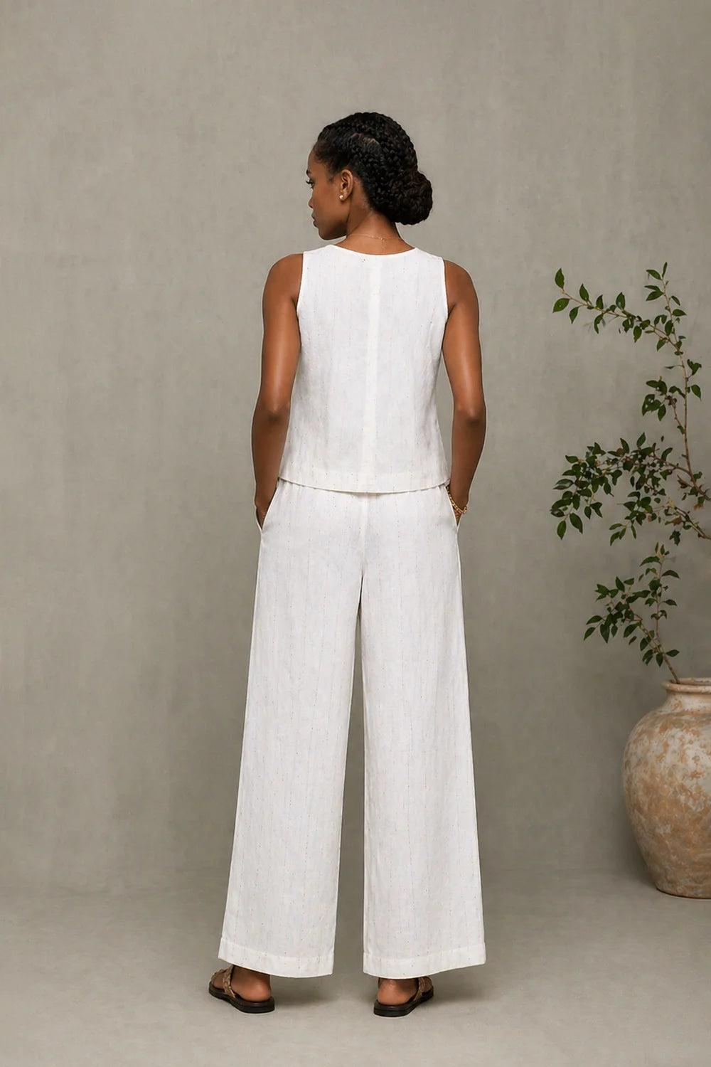 Ivory Cotton Co-ord Set with Button-Down Top & Wide-Leg Pants