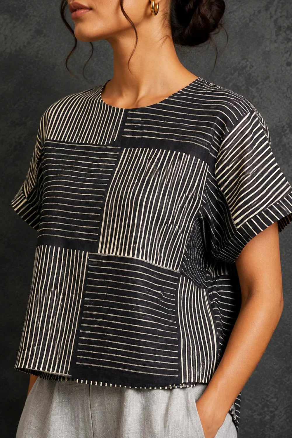 Grey Box Checks Hand Block Print Top