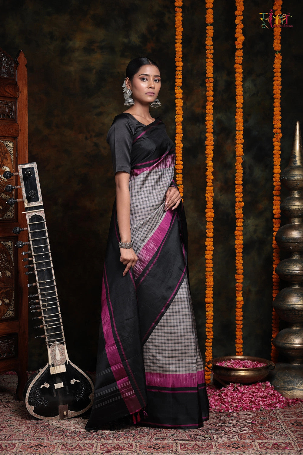 Black Block Printed Kota Saree with Geometric Design- Desically Ethnic