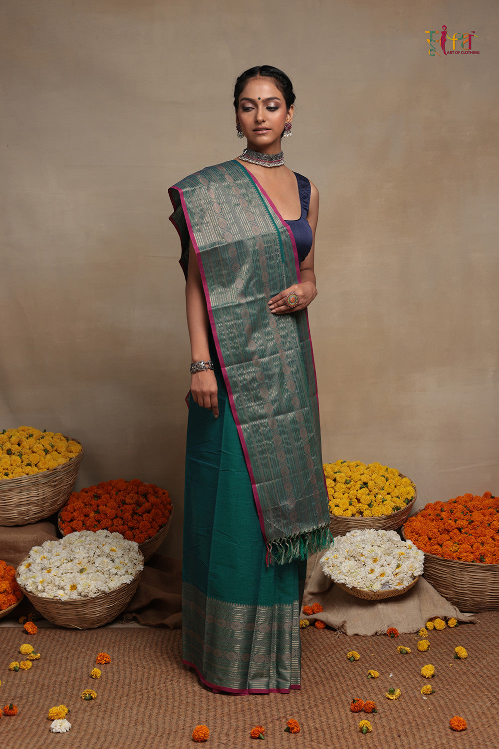 Handloom Jade Green Pure Cotton Kanchi Saree With Silver Zari Border & Pallu