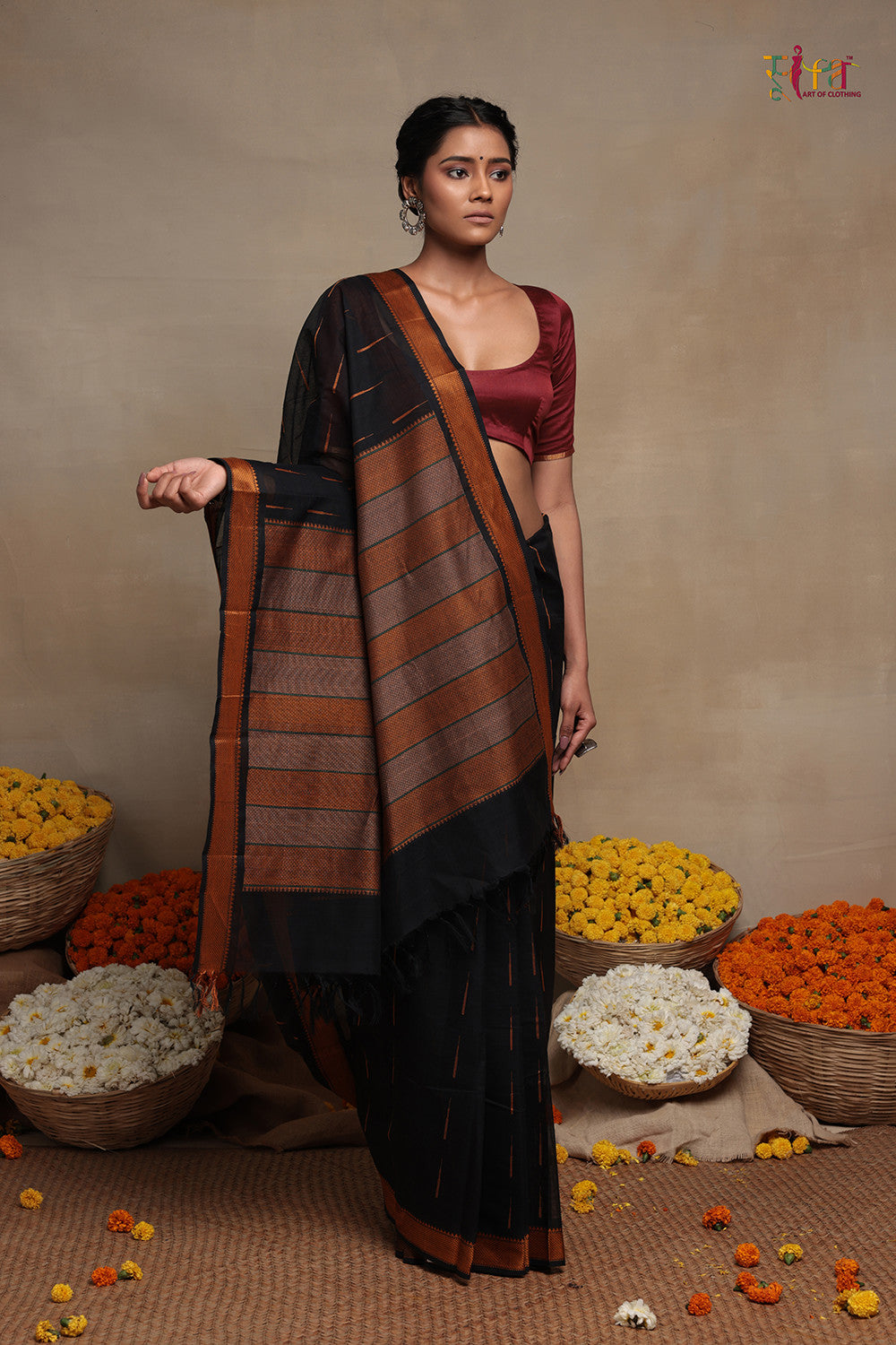 Handloom Black Pure Cotton Kanchi Contemporary Saree