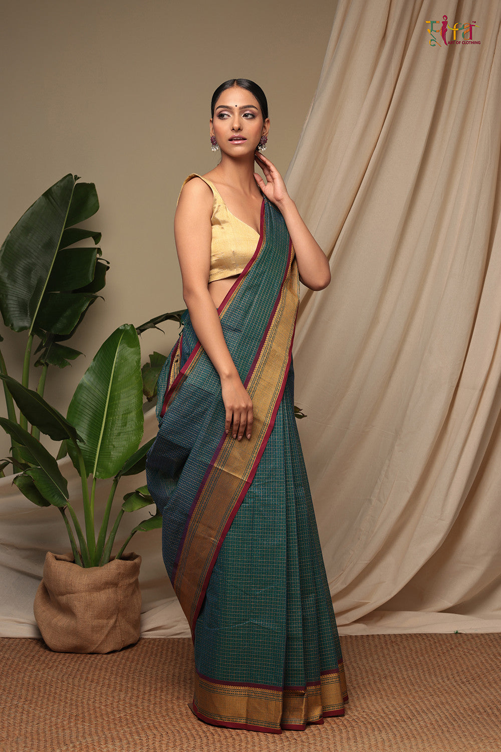 Taant Pure Cotton Beige Saree from West Bengal with Black Border and  Bengali Motifs | Exotic India Art