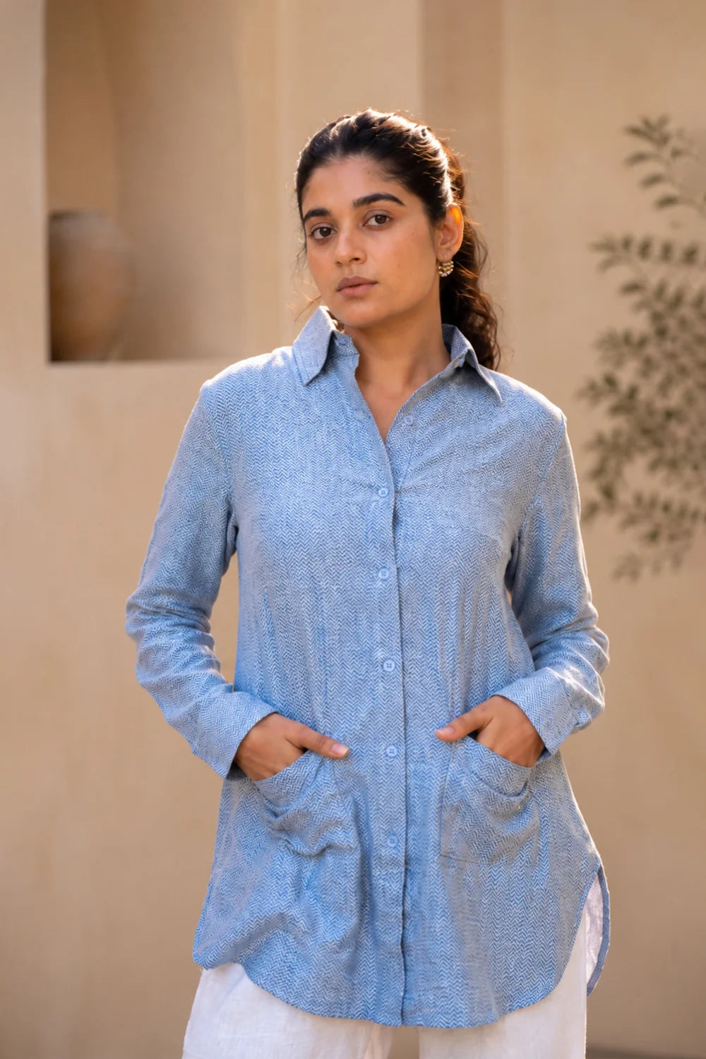 Blue and White Zig Zag Stripes Pure Cotton Shirt