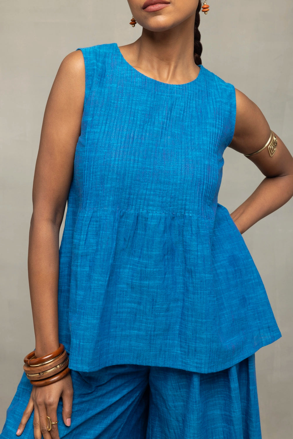 Azure Blue Textured Co-Ord Set with Sleeveless Top & Wide-Leg Pants